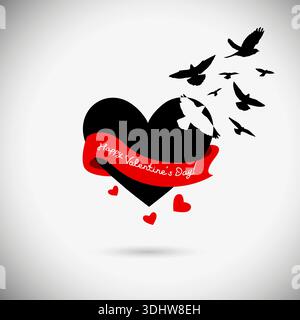 Alles Gute zum Valentinstag. Herz mit fliegenden Vögeln. Handgezeichnet. Nicht AI, Vektordarstellung. Stock Vektor