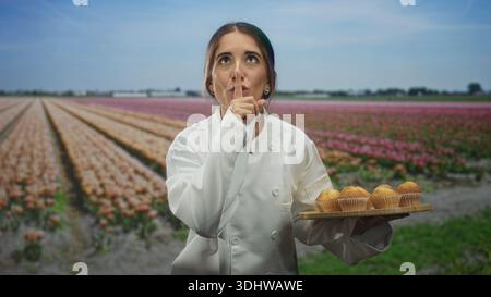 Die Chefin hält ein Tablett mit Muffins und macht Finger-zu-Lippen-Gesten im Tulpenfeld; leise Stille. Stockfoto