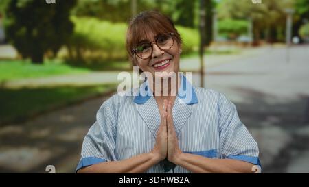Hispanische Seniorin in Uniform, meditiert mit Händen zusammen in einem Park, repräsentiert Frieden und Hingabe im Freien. Stockfoto
