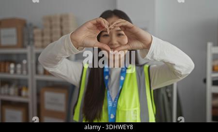 Eine junge Frau in einer reflektierenden Weste macht eine Herzgeste in einem Freiwilligenzentrum, umgeben von Hilfsgütern, die Gemeinschaft und Freundlichkeit betont. Stockfoto