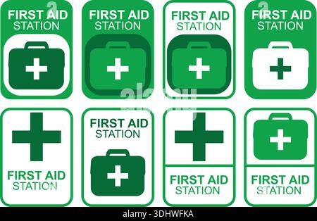 Sicherheitsschild der erste-Hilfe-Station mit medizinischem Kreuz und Kit-Symbolen Stock Vektor