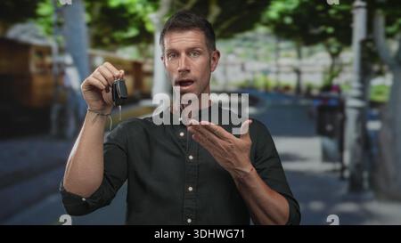 Mann, der den Schlüssel in der Hand hält, auf einer grünen Straße mit offenem Mund und gezogener Handfläche, während er ein dunkles Hemd trägt; verlorene Schlüssel überraschen. Stockfoto