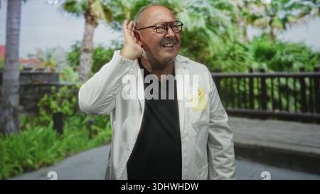 Ranghoher hispanischer Mann Arzt in weißem Mantel mit Brille hält Hand an Ohr an Holzgeländer auf der Gebäudeveranda; Sorge hört aufmerksam zu. Stockfoto