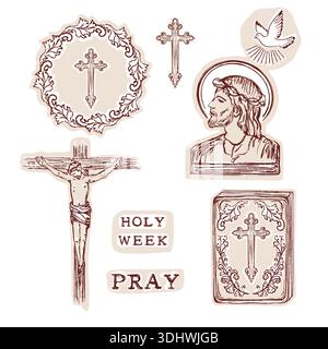 Karfreitag 2026 religiöse christliche ostersymbole mit Bibelkreuzen, Jesusdornenkrone, kreuziges katholisches Symbol. Isoliert von Hand gezogen Stock Vektor