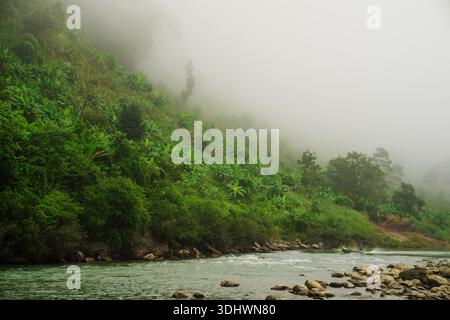 Blick auf einen nebeligen Fluss, der durch eine üppige grüne, hügelige Landschaft fließt, bedeckt von dichter Vegetation, umgeben von Nebel, Bandarban, Chittagong Division, Banglades Stockfoto