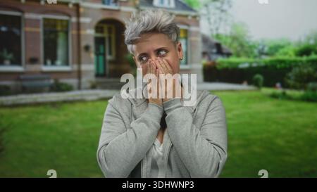 Kurze weiße Frau, die das Gesicht mit den Händen am Gebäudeeingang in grauem Hoodie bedeckt; Angst. Stockfoto