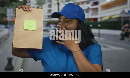 Frau mit blauer Mütze und lächelndem Gesicht, die braune Papiertüte mit zeigender Hand auf der Straße hält; Lieferfreude. Stockfoto