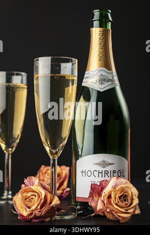 Champagnerflasche und Gläser mit trockenen Rosen auf dunklem Hintergrund Stockfoto