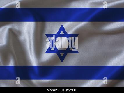 Israel-Flagge mit gewellter Stoffstruktur. Nahaufnahme der Flagge Israels mit Stoffstruktur Stockfoto