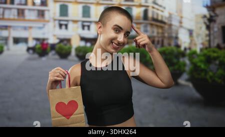 Frau mit Buzzcut, die Papiertüte mit rotem Herzen hält, zeigt Finger an Kopf auf einem geschäftigen straßenplatz; spielerische Neugier auf Ideen. Stockfoto