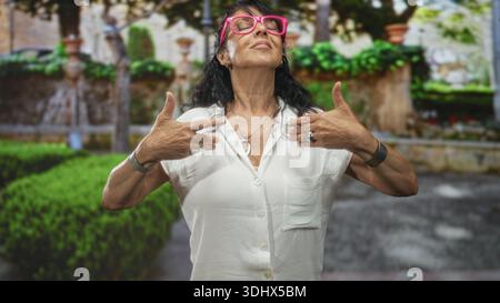 Frau, Senior hispanic, zeigt mit den Fingern auf die Brust, während sie den Kopf nach hinten neigt. Sie trägt rosa Brillen, Ketten, Ringe und weiße Bluse im Innenhof des Gebäudes Stockfoto