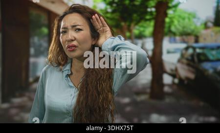 Frau, die Hand an Ohr hält und zuknitzt, während sie versucht, den Verkehr auf einer Stadtstraße mit geparkten Autos zu hören; Frustration beim Zuhören. Stockfoto