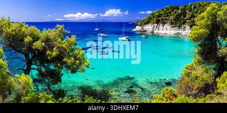 Griechenland , Sporaden. Der schönste Strand der Insel Alonissos - Milia und Chrisi Milia mit türkisfarbenem Kristallmeer und üppigen Kiefern Stockfoto