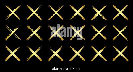 Goldene Grunge-Kreuze, Pinselstriche, Linien, Tintenflecken, handgezeichnete Kritzelformen. Handgemachte, skizzenhafte Markierungen, Acrylflecken, Holzkohlestreifen. Farbe Stock Vektor