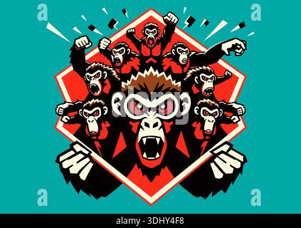 Ein Team wilder Kampfaffen. Das Konzept von Kraft, Ausdauer und wilder Wut. Vektorillustration, Piktogramm, Logo, Symbol, Flyer, Symbol, chev Stock Vektor
