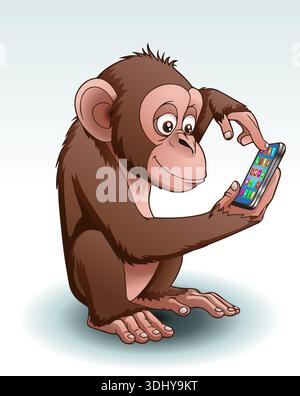Illustrationsdesign eines Schimpansen, der ein Smartphone auf isoliertem weißem Hintergrund lernt Stockfoto