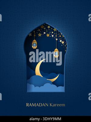 Hintergrund der Ramadan Kareem-Grußkarte. Ein Muster mit einem ausgeschnittenen Fenster in Form einer Moschee-Silhouette mit einem Mond und Laternen, eine Tradition Stock Vektor