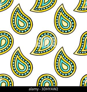 Nahtloses Vektormuster aus hellen gelben und blauen Paisley-Motiven mit schwarzer Umrandung, perfekt für Textil- und Oberflächendesign. Stock Vektor