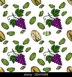 Nahtloses Vektormuster von Reifen violetten Trauben und grünen Pistazien mit Blättern Stock Vektor
