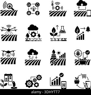 Professionelles Vektorsilhouettenset für intelligente Landwirtschaftstechnologie für agrotech SaaS, autonome Landwirtschaftsplattformen und digitale Symbole für die Landwirtschaftsverwaltung Stock Vektor