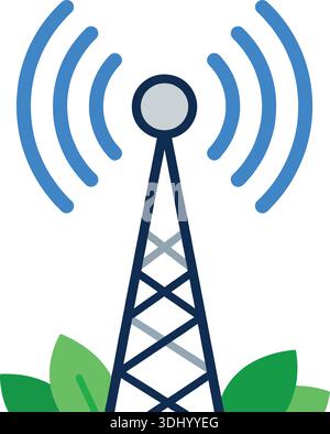 Smart Farming Technologie Vektor mit einem drahtlosen Signalturm mit grünen Blättern für landwirtschaftliche IoT-Konnektivität und Precision Farming-Lösungen Stock Vektor