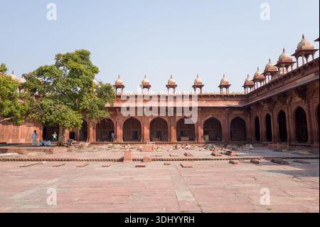 Fatehpur Sikri, Indien - 12. März 2024: Das Bild zeigt den Friedhofshof der Jama Masjid Moschee mit mehreren Gräbern, einem großen Baum auf der linken Seite und der roten Sandsteinfassade mit gewölbtem Chhatris, da mehrere Personen in der Nähe der Bögen und unter dem Baum zu sehen sind. Stockfoto