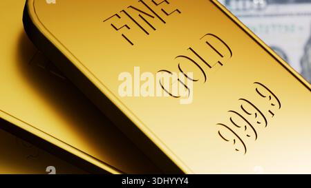 3D-Rendering von „999,9 Fine Gold“-Goldbarren, gestapelt mit knackigen 100-Dollar-Scheinen auf einer sauberen Oberfläche. Stockfoto