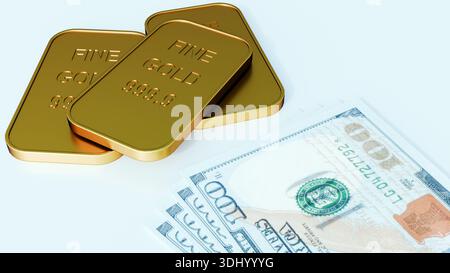 3D-Rendering von „999,9 Fine Gold“-Goldbarren, gestapelt mit knackigen 100-Dollar-Scheinen auf einer sauberen Oberfläche. Stockfoto