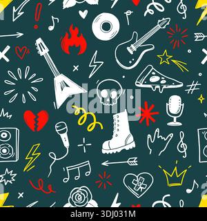 Nahtloses Rockmuster mit Gitarren-, Schädel- und Punksymbolen. Handgezeichnete Doodle-Grunge-Aufkleber mit Sternen, Rosen und Blitzschlägen für Rockmusik-Hintergrund, Tattoo-Design. Vektorabbildung Stock Vektor