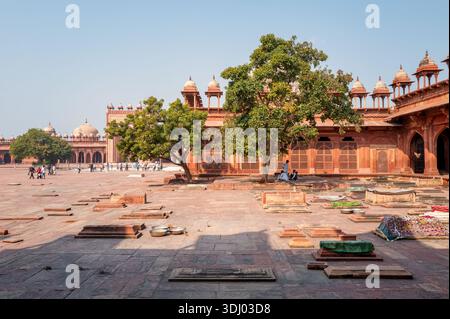 Fatehpur Sikri, Indien - 12. März 2024: Das Bild zeigt den Friedhofsbereich im Innenhof der Jama Masjid Moschee mit mehreren Gräbern, einem großen Baum und der roten Sandsteinfassade mit gewölbtem Chhatris, da mehrere Personen in der Nähe der Gräber und in der Ferne sichtbar sind. Stockfoto