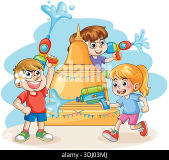 Cartoon Vektor Illustration glücklicher Kinder, die mit Wasserpistolen während der Thai Neujahrsfeier spielen Stock Vektor