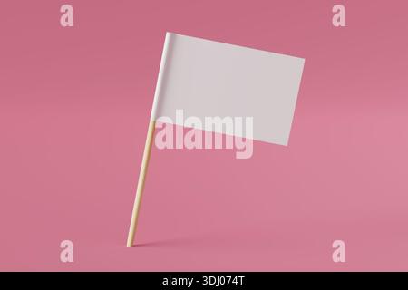 Neutrales Kommunikationskonzept. Leere Weiße Flagge Auf Holzstab Isoliert Auf Rosa Hintergrund Mit Weichen Schatten Und Minimaler Komposition. 3D-Rendering Stockfoto