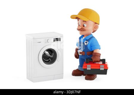 Reparaturkonzept Für Haushaltsgeräte. Cartoon Reparaturfigur Steht Mit Toolbox Neben Waschmaschine Auf Weißem Hintergrund. 3D-Rendering Stockfoto