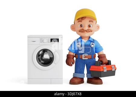 Reparaturkonzept Für Haushaltsgeräte. Cartoon Reparaturfigur Steht Mit Toolbox Neben Waschmaschine Auf Weißem Hintergrund. 3D-Rendering Stockfoto
