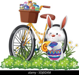 Karikatur weißes Kaninchen hält Ei neben gelbem Fahrrad mit Korb auf weißem Hintergrund Vektorillustration Stock Vektor