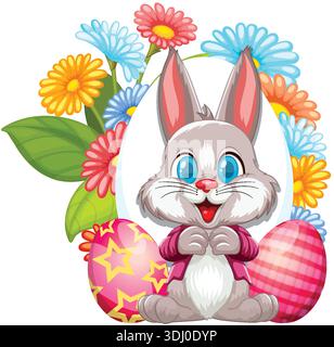 Ein fröhliches graues Kaninchen sitzt vor dekorierten Eiern und leuchtenden Gänseblümchen auf weißem Hintergrund Stock Vektor