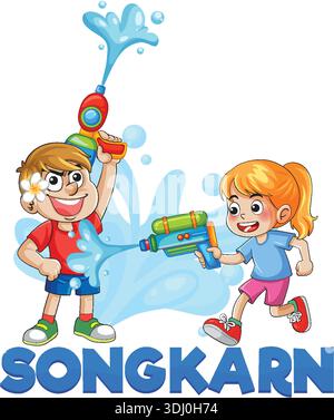 Vektor-Illustration von glücklichen Kindern, die Wasserpistolen während traditioneller thailändischer Neujahrsfeste sprühen Stock Vektor