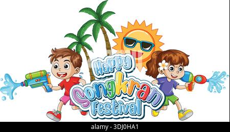 Zeichentrickkinder sprühen Wasserpistolen während der Feier des Songkran-Festivals mit Palmen und Sonnenhintergrund Stock Vektor