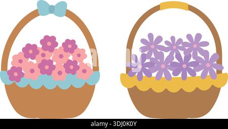 Blumen mit Korb-Symbol-Clip-Art-Set. Frühling Garten Blumen in Körben Vektor Illustration Set. Transparenter Hintergrund. Stock Vektor
