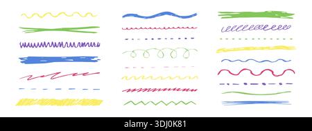 Unterstreichen Sie Kreidelinien und Squiggles Set, handgezeichnete Kritzelskizze farbenfrohe Unterstriche dicker Linienrand, Swoosh. Strukturierte, skizzierte Pinselstriche oder wellige Pinselstriche. Vektorabbildung Stock Vektor