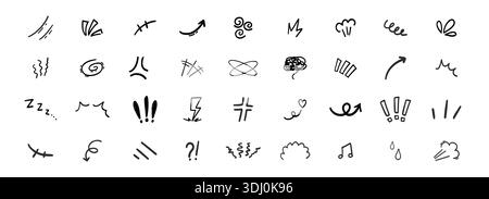 Ausdruck Bewegung einfache Set Kritzelei handgezeichnet. Comic-Geschwindigkeitslinien, Manga-Effekt-Bewegung. Ausdrucksformen, Anime für Charaktergefühle. Vektorabbildung Stock Vektor