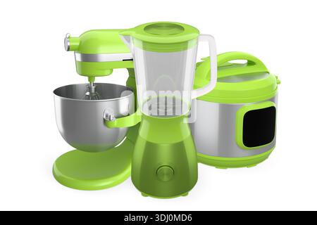Moderne Küchengeräte einschließlich Mixer, Standmixer und Multi-Herd isoliert auf weißem Hintergrund für Kochkonzept. Stockfoto