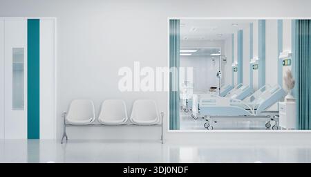 Modernes Krankenhaus mit Wartebereich und Krankenhausbett in Zimmern.3d Rendering Stockfoto
