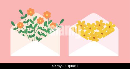 Illustrationsset für Frühlingsblumenumschläge. Clipart-Kollektion mit Blumenstrauß im Umschlag. Niedliche Frühlingsblumen im Umschlag-Vektor-Design. Stock Vektor