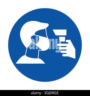 Dieses grafische Symbol zeigt eine Person, die eine Gesichtsmaske trägt, während eine Temperaturkontrolle mit einem Infrarot-Thermometer durchgeführt wird, um die Gesundheitssicherheit zu betonen Stock Vektor