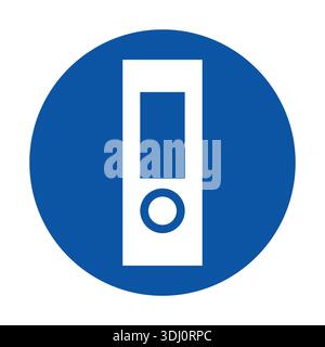 Dieses Bild zeigt ein einfaches blaues kreisförmiges Symbol einer Binderdatei mit einem Etikett und einer runden Schaltfläche, die perfekt für die Darstellung der Organisation und Speicherung in geeignet ist Stock Vektor