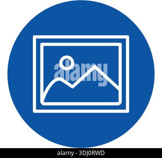Dies ist ein minimalistisches Symbol mit einem Bilderrahmen mit einem Berg und Sonne, unterlegt vor einem leuchtend blauen Hintergrund. Ideal für digitale Medien. Stock Vektor