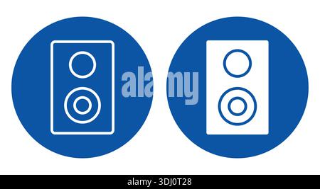 Eine Reihe von zwei Symbolen für das Soundsystem, die in blauen Kreisen angezeigt werden und sowohl ausgefüllte als auch umrissene Designs aufweisen. Ideal für Audiotechnologien in verschiedenen Bereichen Stock Vektor