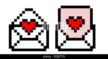 Pixel Heart Mail Umschlag Symbol im 8-Bit-Videospiel-Art-Stil, das digitale Love Message-Konzept für Arcade-Spiel-Grafiken Vektor-Illustration und erstellt Stock Vektor