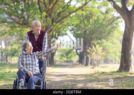 Asiatische ältere oder ältere Frau Patientin im Rollstuhl im Park Stockfoto